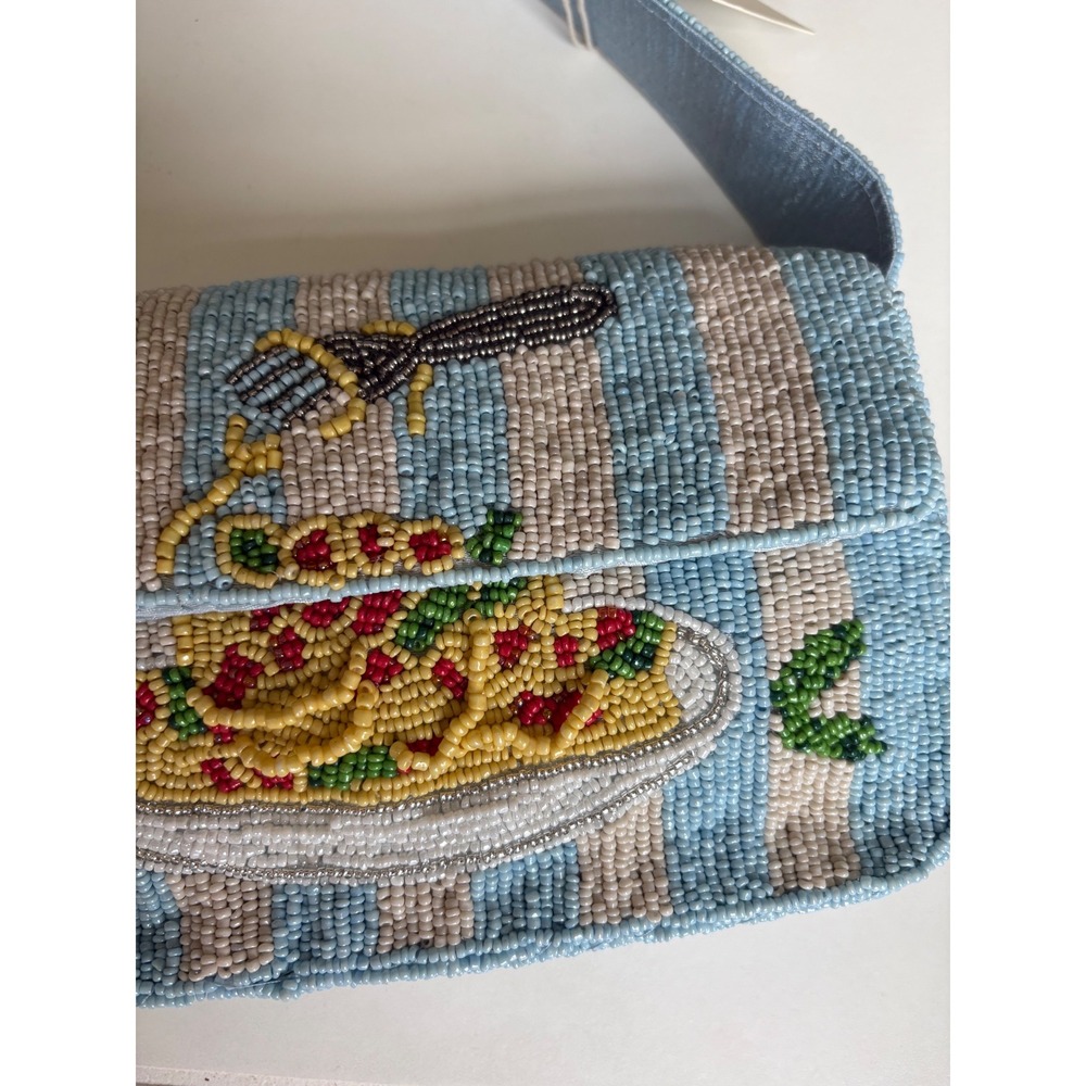 New Beaded Pasta Spaghetti Striped Shoulder Bag Novelty Food Purse Blue White - Picture 3 of 6